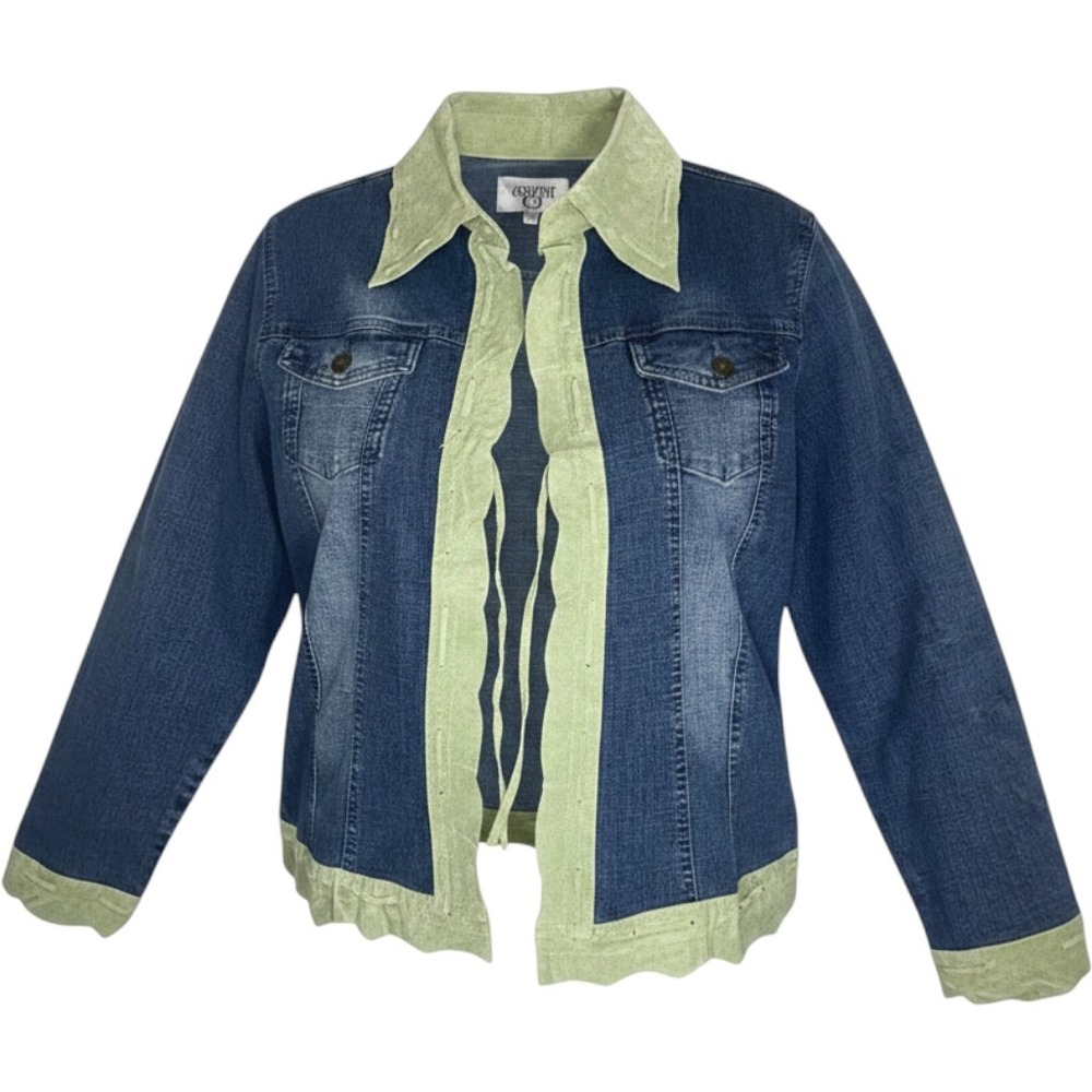 Cervelle Women's Large Jean Jacket Vintage Suede Trim Scalloped Hem Boho Denim